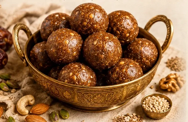 Glossy handcrafted PRANURA laddus in a brass bowl